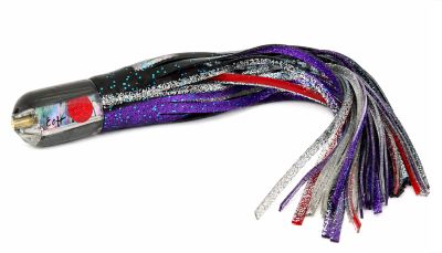 Marlin Magic Jumbo Ahi Pussy Bullet Jetted Lure - Pre-Skirt #7 – Black top bullet shaped trolling lure with abalone oi oi shell insert, and red eyes. Includes black, blue, purple, red, and silver rubber skirts attached.