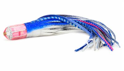 Marlin Magic Jumbo Ahi Pussy Bullet - Pre-Skirt #2 - Clear bullet shaped trolling lure with pink shell insert. Includes blue, silver, white, and pink rubber skirts attached.