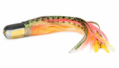 Marlin Magic Jumbo Ahi Pussy Bullet - Pre-Skirt #5 - Black top bullet shaped trolling lure with yellow shell insert. Includes black, gold, yellow, and pink rubber skirts attached.