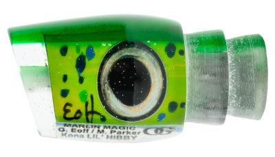 Marlin Magic Little Hibby - #11 - Green top angle-face trolling lure with green mahi pattern insert, and black fish-like eyes. 