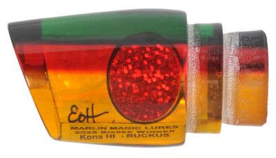 Marlin Magic Ruckus - #43 - Yellowish-green lime tint angle-face trolling lure with shell insert, and taxidermy eyes.