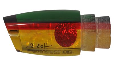 Marlin Magic Super Dog Lure - #11 - Rasta color trolling lure with orange-yellow tint and red stripes, angled-face, shell insert, and a red eye.