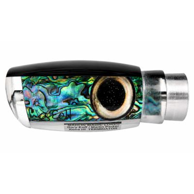 Marlin Magic Terminator lure - #3 &ndash; Clear scoop-face trolling lure with black top, abalone shell insert, and large black fish-like eyes.