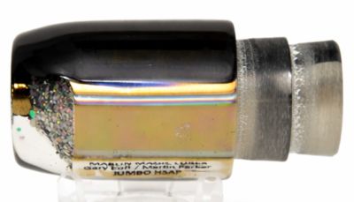 Marlin Magic Jumbo Hi-Speed Ahi Pussy Lure - #5 - Black top flat-face trolling lure with a yellowish shell insert.