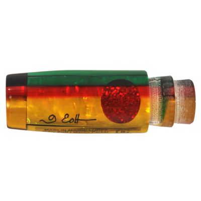 Large hard head lure with clear faceted face resin body in green red and yellow bands red glitter circle insert black signature mark printed text MARLIN MAGIC LURES