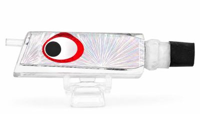 Marlinstar Tomahawk G4 Lure - #5 &ndash; Clear trolling lure with an angle-face, reflective tape insert, reflective red and black eyes, and a small rubber hook lock attached to the rear.