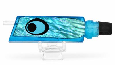 Marlinstar Tomahawk G4 Lure - #6 &ndash; Light blue tint trolling lure with an angle-face, shell insert, reflective black eyes, and a small rubber hook lock attached to the rear.