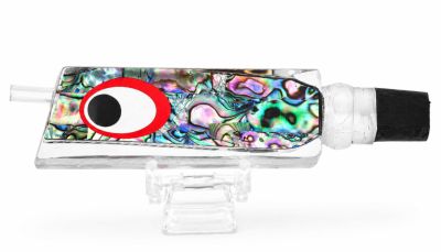Marlinstar Tomahawk G4 Lure - #7 &ndash; Clear trolling lure with an angle-face, abalone shell insert, reflective black eyes, and a small rubber hook lock attached to the rear.