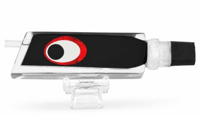 Marlinstar Tomahawk G4 Lure - #8 &ndash; Clear trolling lure with an angle-face, solid black insert, reflective black eyes, and a small rubber hook lock attached to the rear.