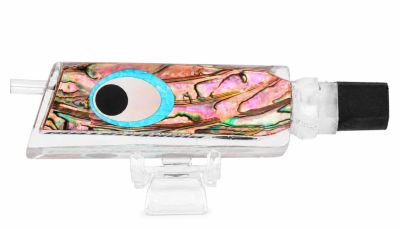 Marlinstar Tomahawk G4 Lure - #9 &ndash; Clear trolling lure with an angle-face, pink abalone shell insert, reflective black eyes, and a small rubber hook lock attached to the rear.