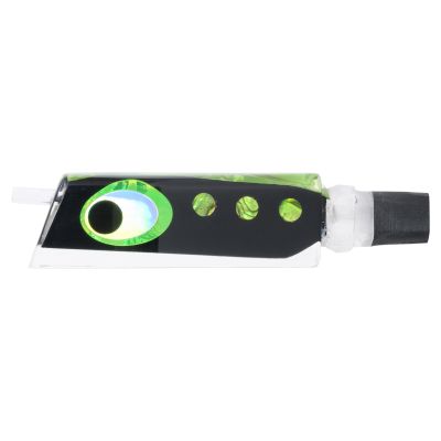 Marlinstar Tomahawk G4 Lure - #4 – Clear trolling lure with an angle-face, solid black insert, reflective green shell highlights, reflective black eyes, and a small rubber hook lock attached to the rear.