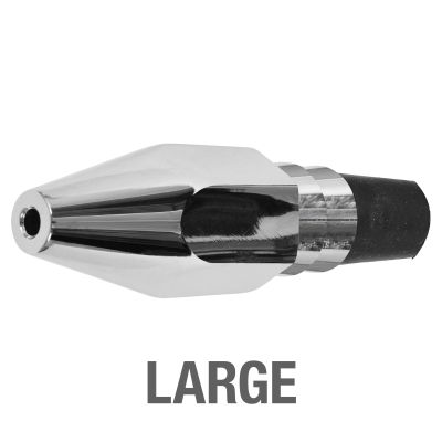 Melton Large Bomber Jet displayed above bold gray text reading "LARGE"; chrome lure head with a smooth, pointed tip and black rubber insert, shown in close-up against white background.