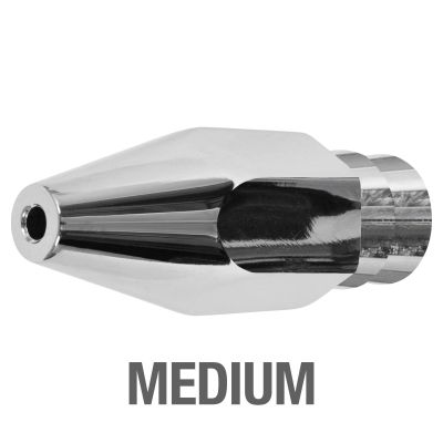 Melton Medium Bomber Jet displayed above bold gray text reading "MEDIUM"; chrome lure head with a smooth, pointed tip, hexagonal midsection, and cylindrical rear steps, shown in close-up against white background.