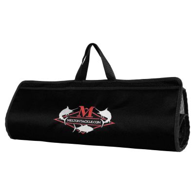Melton Tackle Rollable Lure Bag - 6 Pocket - Large - Black black rollable lure bag with carry handles and mesh side panels, featuring a red and white fish logo and text "MELTONTACKLE.COM" on the front.