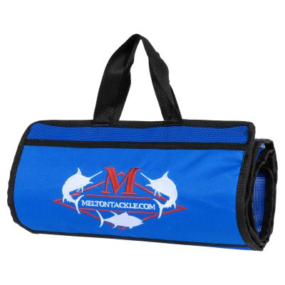 Melton Tackle Custom Lure Bag in blue rolled up. Features “MELTONTACKLE.COM” logo, red “M,” and three white fish on front.