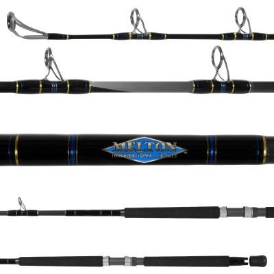 Melton Tackle Graphite/Glass Composite Marlin Live Bait Casting Rod CMLB 2040-7 showing all sections. Black handles and gray reel seat. Black and gray color shifting blank with blue and gold trim. Gray guides facing up.