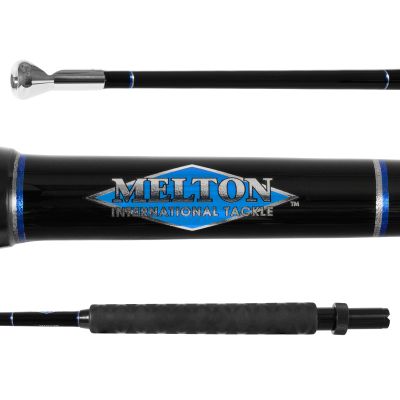 Melton Tackle Kite Rod Blade showing all sections of blade, including black blank with blue and silver-colored trim and logo, black x-pattern handle, black ferrule and silver-colored tip