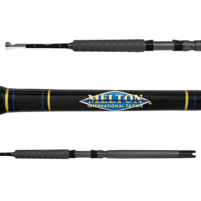 Melton Tackle Kite Rod with &ldquo;MELTON International Tackle&rdquo; logo in blue and gold, gold/blue thread wraps, x-patterned textured foregrip, dark gray reel seat, gimbal butt, silver-colored tip.