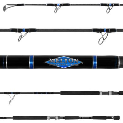 Melton Tackle Offshore Popping Spinning Rod - MOP 601000-S-8' showing all sections. Black handles, gray and silver-colored reel seat. Black blank with blue and silver trims, and gray guides facing down.