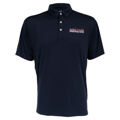 Melton Tackle Performance Polo Shirt - Navy - Large navy short-sleeve polo shirt with collar and three-button placket, featuring text "MELTON INTERNATIONAL TACKLE" in red-colored and white-colored text on the left chest.
