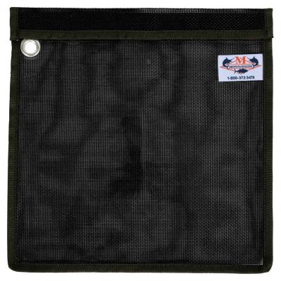 Melton Tackle Single Pocket Lure Bag - 12" x 12" - Black black mesh lure bag with reinforced edges, metal grommet, and a white label featuring the Melton Tackle logo and text "1-800-372-3474".