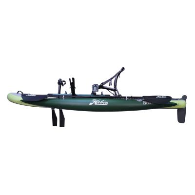 Side view, dark green-colored inflatable kayak with light green-colored ends, black seat frame and pedal drive fins, two black paddles mounted along sides, rear rudder, text "Hobie, Mirage iTrek Angler 10" in white