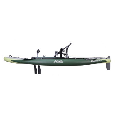 Hobie Mirage iTrek Angler 12 inflatable pedal kayak, side view, dark green-colored hull with light green-colored ends, black seat frame and pedal drive fins, rear rudder, text "Hobie, Mirage iTrek Angler 12" in white