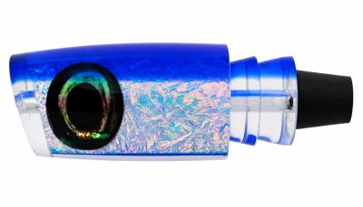 Moyes Large BCK Lure - #8 - Clear angle-face trolling lure with blue top, pink and white reflective dichro foil insert, black fish-like eyes, and black rubber hook lock attached to the rear.
