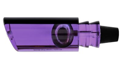 Moyes Large Pipe Bomb Lure - #9 - Purple fishing lure shaped like a short tube with a translucent purple tint body, black taxidermy eye, flared skirting saddle ridges near the rear, and a black rubber hook lock insert. Branding text “MOYES LARGE PIPE BOMB