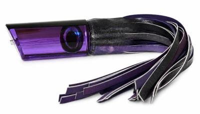 Moyes Large Pipe Bomb Lure - Pre-Skirt #1 - A La Vive - black top angle-face trolling lure with purple tint, a mirror insert, and large black eyes. Includes purple skipjack frothy vinyl skirt with black and purple tuff tails attached.