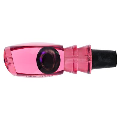 Moyes Medium Argus Lure in translucent pink with a large iridescent black eye, tapered body, and black rubber tail piece.