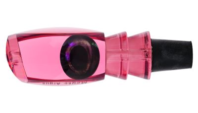 Moyes Medium Argus Lure in translucent pink with a large iridescent black eye, tapered body, and black rubber tail piece.