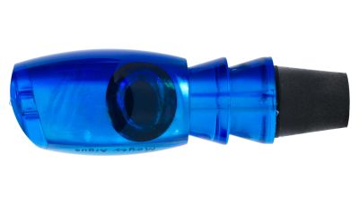 Moyes Medium Argus Lure in translucent blue with a large iridescent black eye, smooth tapered body, and black rubber tail piece.