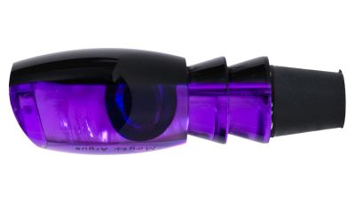 Moyes Medium Argus Lure in translucent purple with a glossy black top, iridescent dark eye, tapered body, and black rubber tail piece.
