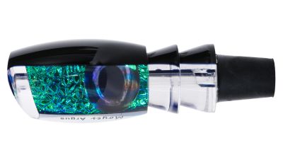 Moyes Medium Argus Lure with a black top, clear body showing green patterned foil, iridescent dark eye, and a clear tapered section with black rubber tail piece.