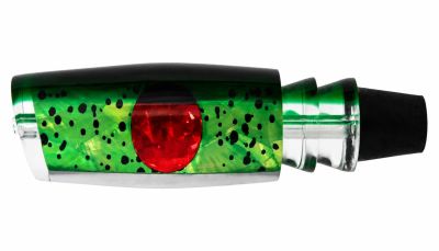 Moyes Medium Dark-N-Stormy Lure - #13 - Clear angle-face trolling lure with green top, green mahi pattern insert, red eyes, and black rubber hook lock attached to the rear.