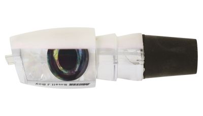 Moyes Small J Boy Lure in clear resin with a white top, an iridescent insert, a round iridescent eye detail on the side, and a black tapered tail.