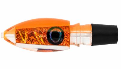 Moyes Small Ono Bullet Lure - #1  &ndash;  Clear pointed bullet shaped trolling lure with orange top, orange reflective dichro foil insert, black fish-like eyes, and black rubber hook lock attached to the rear.