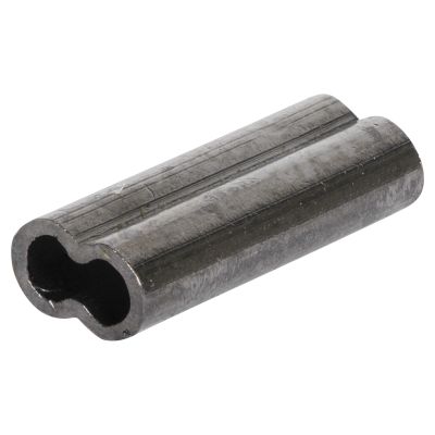 Mustad Double Barrel Crimp Sleeves - 1.2mm, 3/4 view, silver-colored metal cylindrical sleeve with double barrel interior opening and smooth outer surface