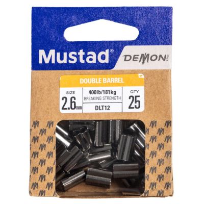 Mustad Double Barrel Crimp Sleeves Size 2.6mm. 400lb/181kg BREAKING STRENGTH. QTY 25. DLT12. Brown colored package filled with metal double barrel sleeves.