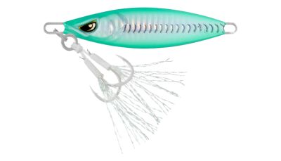 Nomad Design Buffalo JR Micro Jig - Mint, fish-shaped jig with a mint green border, pale reflective sides, dark curved markings, black and yellow eye, silver-colored hardware, two assist hooks, and iridescent strands.