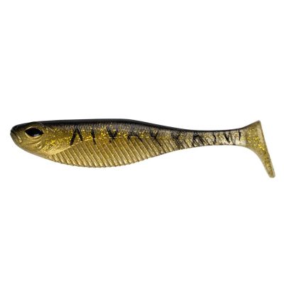Nomad Design Live OPS Dozer Swimbait in Gold Tiger color with dark olive back, gold-toned body, black vertical stripe accents, gold glitter speckles, ribbed sides, molded black eye, and paddle tail.
