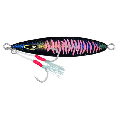 Nomad Design Gypsea Jig in Black Pink Mackerel with elongated black body, blue and green scale pattern, pink rib markings, printed eye, silver-colored assist hooks with red wraps and iridescent tassels.
