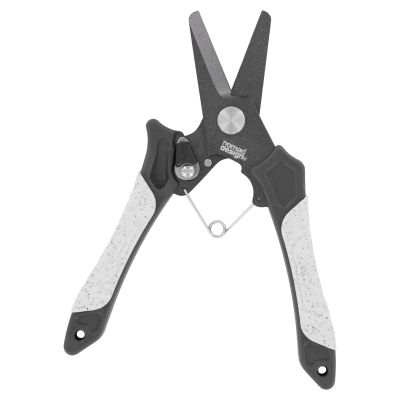 Nomad Design Hydra-X Bait Shears with black metal blades, silver-colored pivot, visible “nomad design” branding, spring-loaded handle, and black and white textured grips.