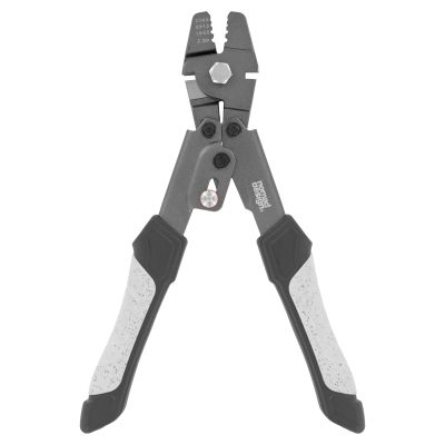 Nomad Design Hydra-X Big Game Crimping Pliers with dark gray metal jaws showing size markings, silver-colored pivot hardware, visible “nomad design” branding, and black handles with white textured grips.