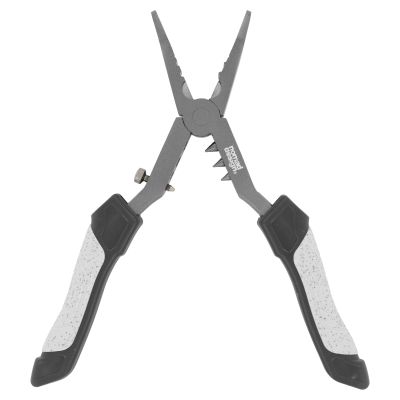 Nomad Design Hydra-X Big Game Pliers with dark gray metal long-nose jaws, integrated cutter, visible “nomad design” branding, adjustment screw, and black handles with white textured grips.