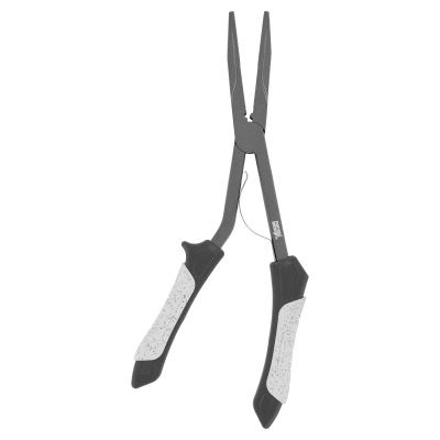 Nomad Design Hydra-X Long Reach Pliers with matte gray metal jaws and arms, long tapered nose, silver-colored spring, and black handles with white speckled textured grips and Nomad Design logo.
