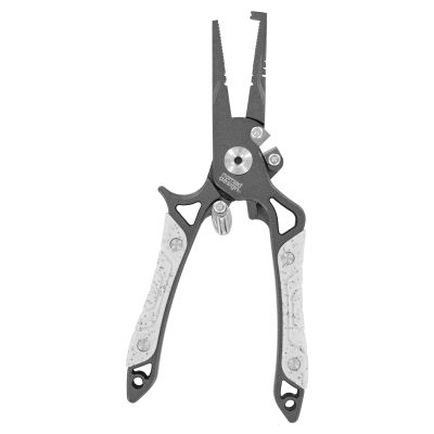 Nomad Design Hydra-X Split Ring Pliers with dark gray metal jaws featuring split-ring tip, long serrated gripping edges, silver-colored pivot hardware, visible “nomad design” branding, and black handles with white textured grips.