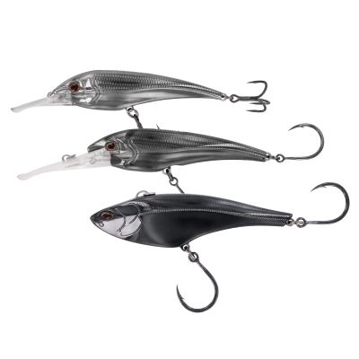 Nomad Design DTX Minnow HD and Madmac Black Obsidian Limited Edition Lures in Black Obsidian color, shown in three lure styles with black finish, diving lips, and single or treble hooks.