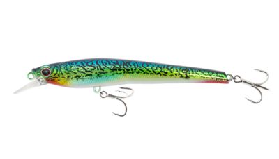Nomad Design Shikari Lure - 115mm - F - Silver Green Mackerel, minnow-shaped fishing lure with blue, green, and black patterning, red eye, clear diving lip, and two silver-colored treble hooks.